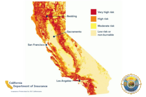 California map illustrating wildfire risk levels, with regions categorized from low to very high risk. Key cities like Los Angeles, San Francisco, Sacramento, and Redding are marked for reference. The map is provided by the California Department of Insurance.